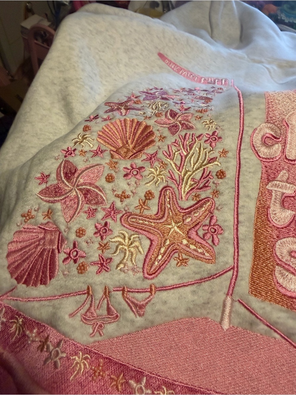 Pink Palm Puff Hoodie - Bold Coral Print - Picture 10 of 12
